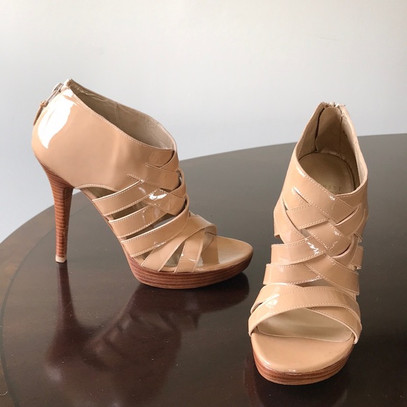 Glossy Tan Stuart Weitzman size 9.5M Open Toe Bootie